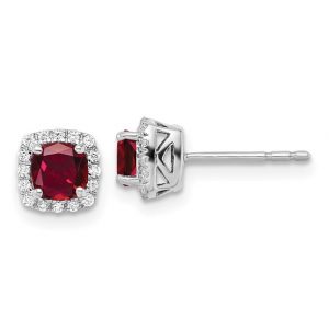 10K White Gold cushion cut ruby and diamond halo earrings