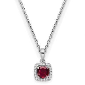 10K White Gold cushion cut ruby and diamond halo pendant