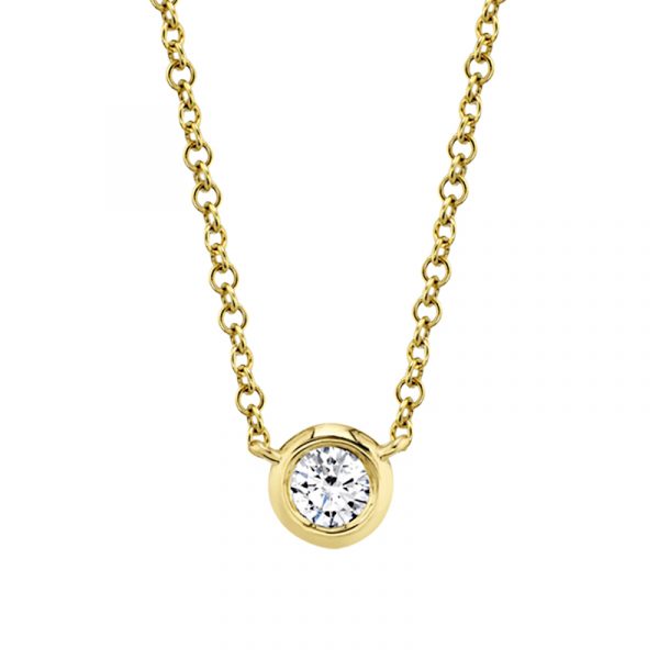 A dazzling .05CTW diamond set in a 14K Yellow Gold bezel pendant. 