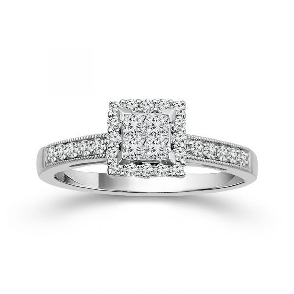 10K White Gold multi-stone setting featuring 4 Princess-cut diamonds accented by a halo of brilliant Round diamonds