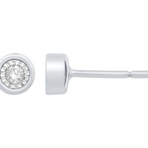 Brilliant Round diamonds set in 14K White Gold Bezel studs. 1/10CTW