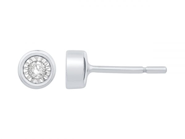 Brilliant Round diamonds set in 14K White Gold Bezel studs. 1/10CTW