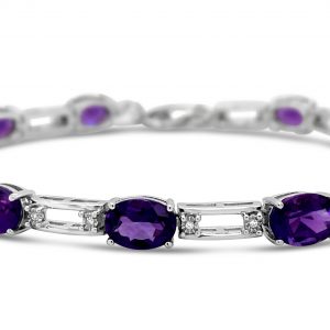 Oval Amethyst and Round Diamond Silver Bracelet