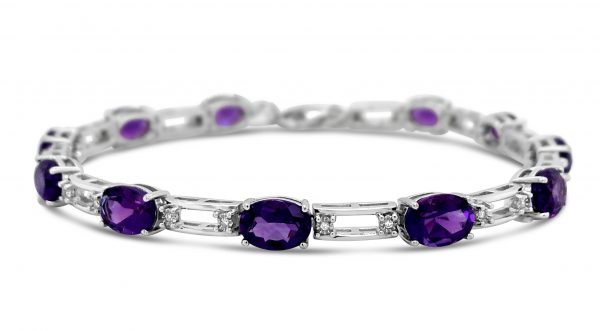 Oval Amethyst and Round Diamond Silver Bracelet