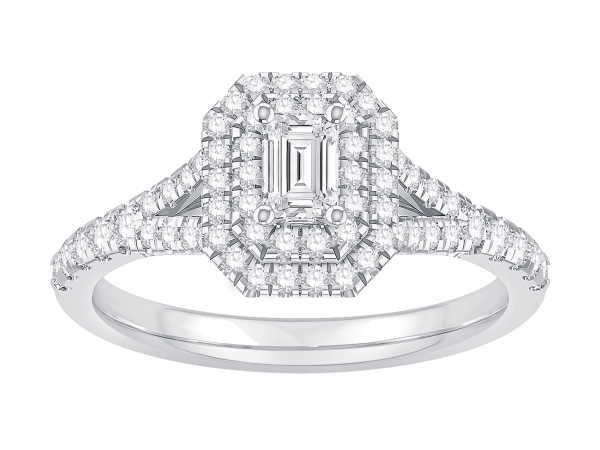 1/3 ct emerald cut center diamond ring with two round diamond halos